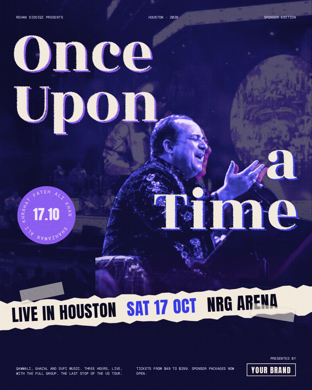 Proposed key art: red poster panel with the title Once Upon a Time and Rahat Fateh Ali Khan singing in black and white