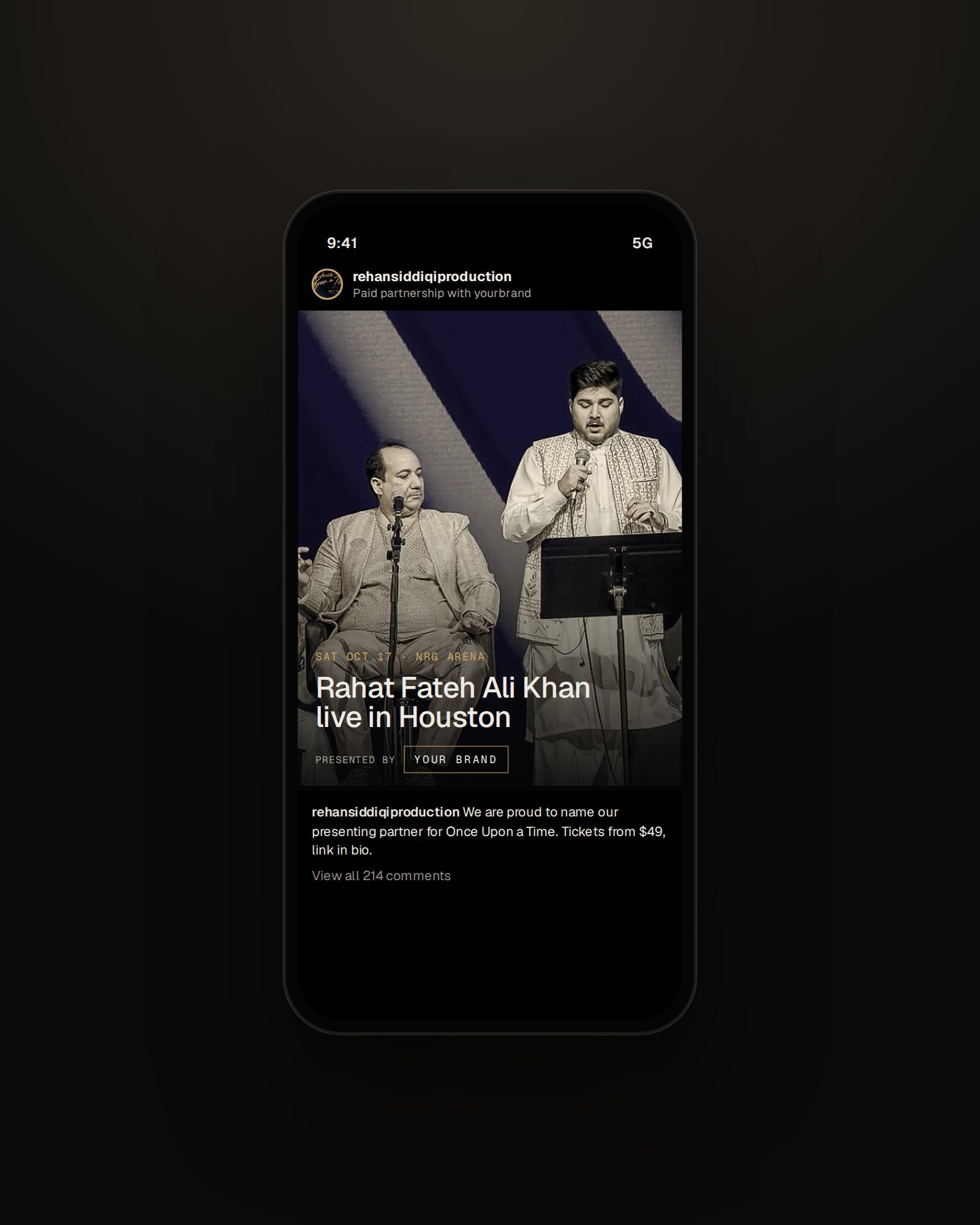 Instagram post mockup on a phone announcing the presenting partner