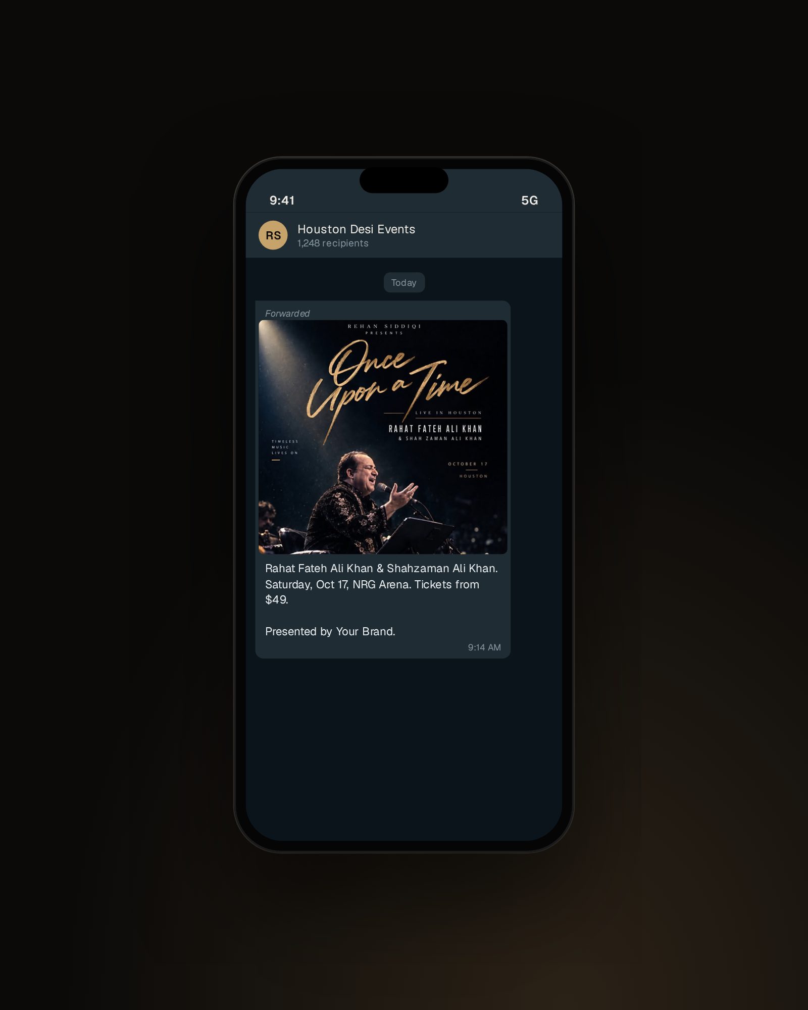 WhatsApp forwarded poster mockup with sponsor credit in the message